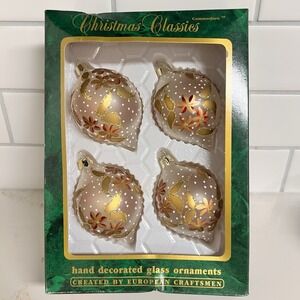 Vintage Retro Commodore Hand Painted Glass Christmas Ornaments Gold w Glitter